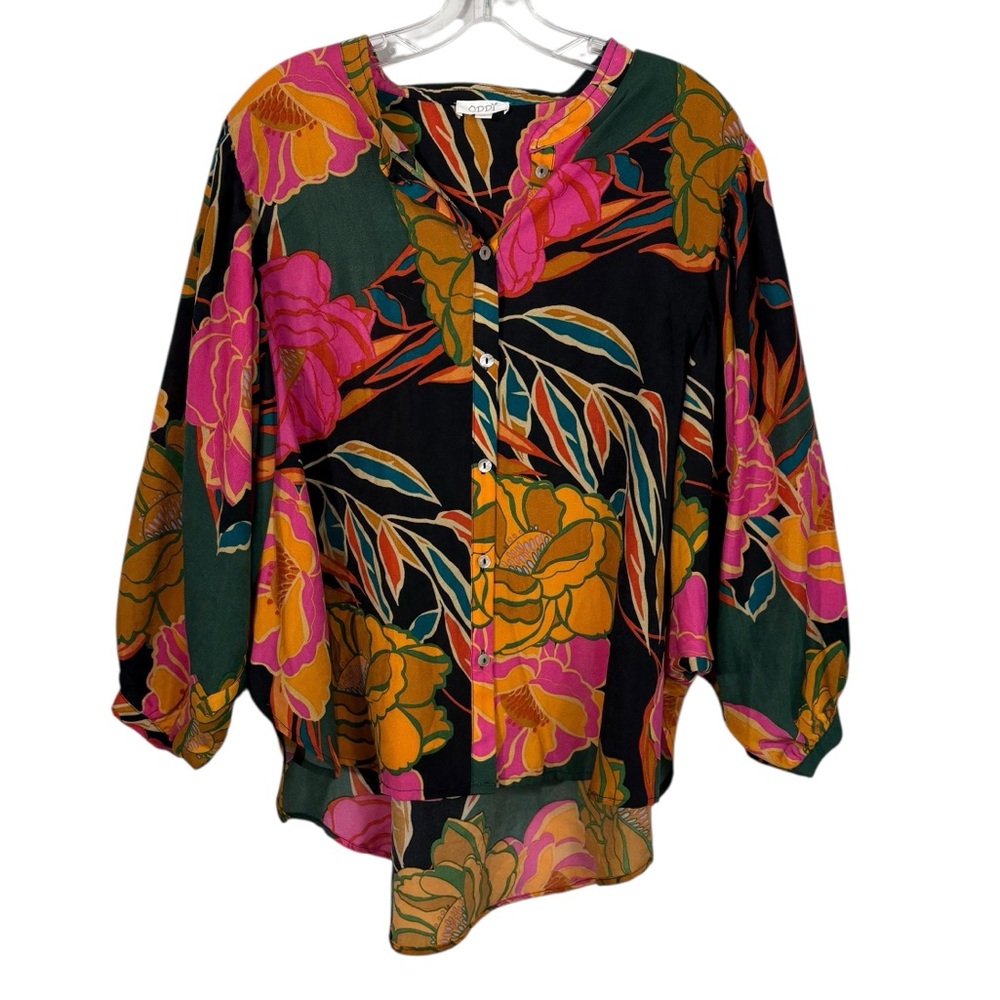 Oddy Multicolored Floral Button Down Dolman Sleeve Blouse Relaxed Fit Large L